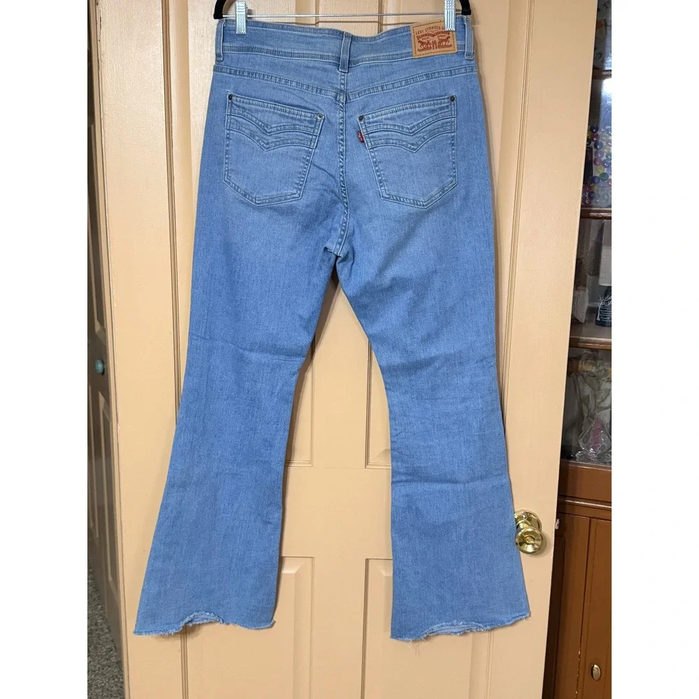 Levis 726 High Rise Flare Jeans Light Wash Raw Hem Blue Denim Womens 32
